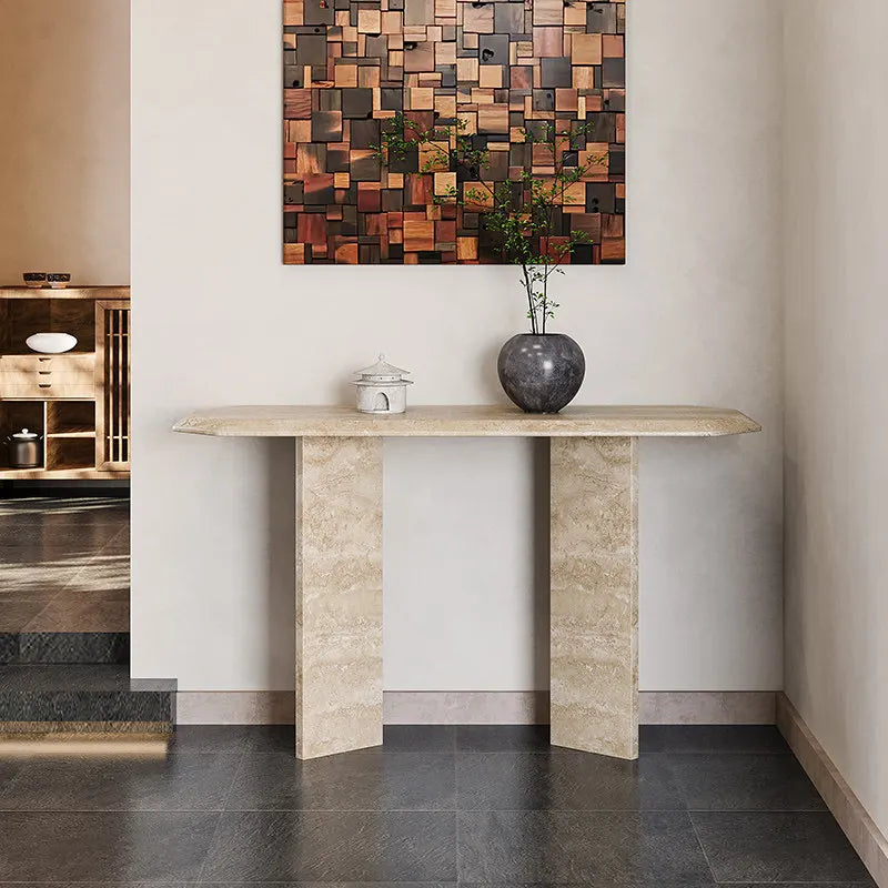 The Geometric Monolith: Faceted Natural Travertine Console - Architectural Natural Stone Furniture | LuxuryMarbleHome