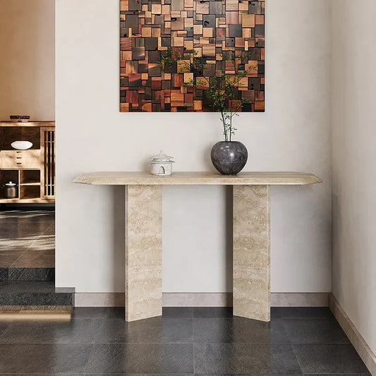 The Geometric Monolith: Faceted Natural Travertine Console - Architectural Natural Stone Furniture | LuxuryMarbleHome