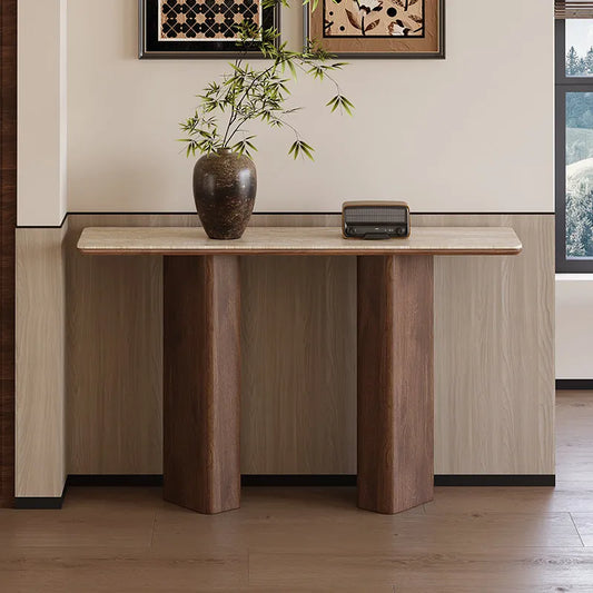 The Walnut Pillar: Travertine Sintered Stone & Walnut Console - Architectural Natural Stone Furniture | LuxuryMarbleHome