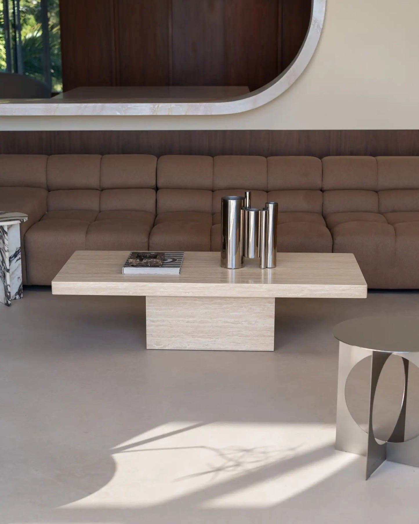 Rectangle Cream Travertine Coffee Table - Minimalist Monolithic Pedestal Design - Architectural Natural Stone Furniture | LuxuryMarbleHome
