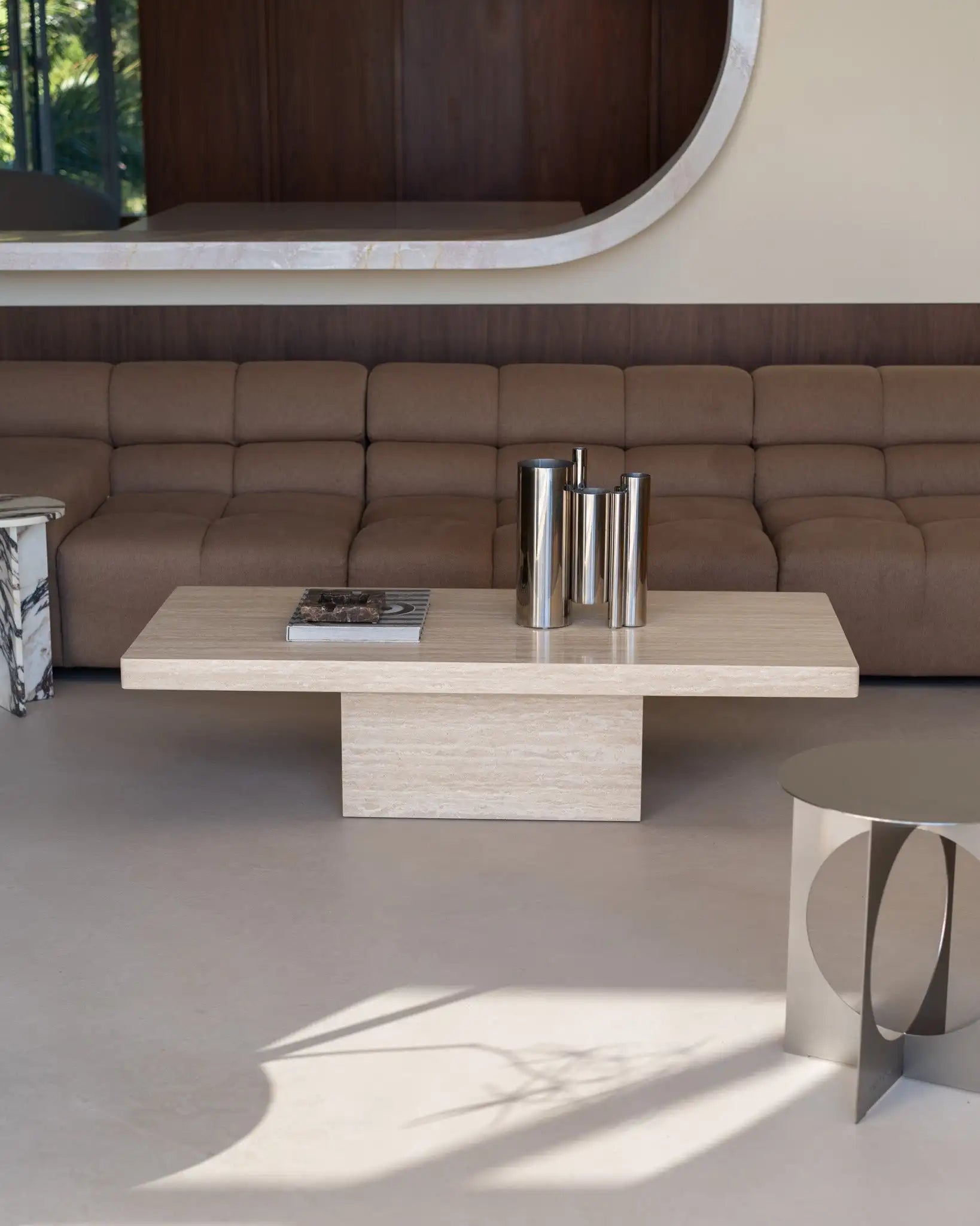 Rectangle Cream Travertine Coffee Table - Minimalist Monolithic Pedestal Design - Architectural Natural Stone Furniture | LuxuryMarbleHome