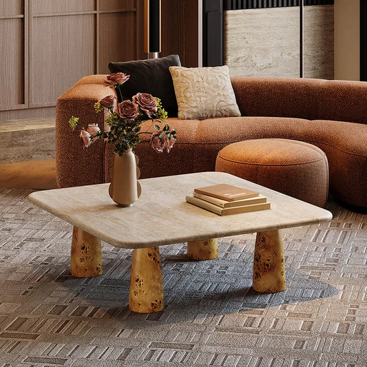 The Burl & Monolith - Travertine Coffee Table with Burl Wood Inlay - Architectural Natural Stone Furniture | LuxuryMarbleHome