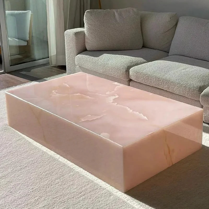 Monolithic Pink Onyx Jade Marble Coffee Table - Ethereal Block Series - Architectural Natural Stone Furniture | LuxuryMarbleHome