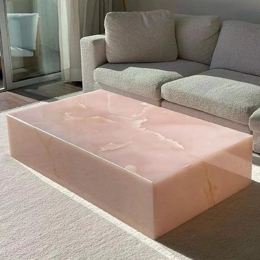 Monolithic Pink Onyx Jade Marble Coffee Table - Ethereal Block Series - Architectural Natural Stone Furniture | LuxuryMarbleHome