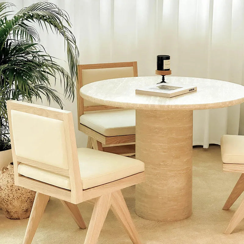Classic Circular Travertine Dining Table - Natural Cream & Red Stone Masterpiece - Architectural Natural Stone Furniture | LuxuryMarbleHome