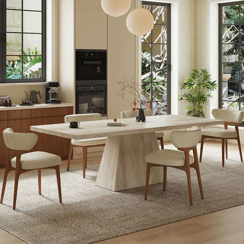 Modernist Travertine Sintered Stone Dining Table - Architectural Column Base - Architectural Natural Stone Furniture | LuxuryMarbleHome