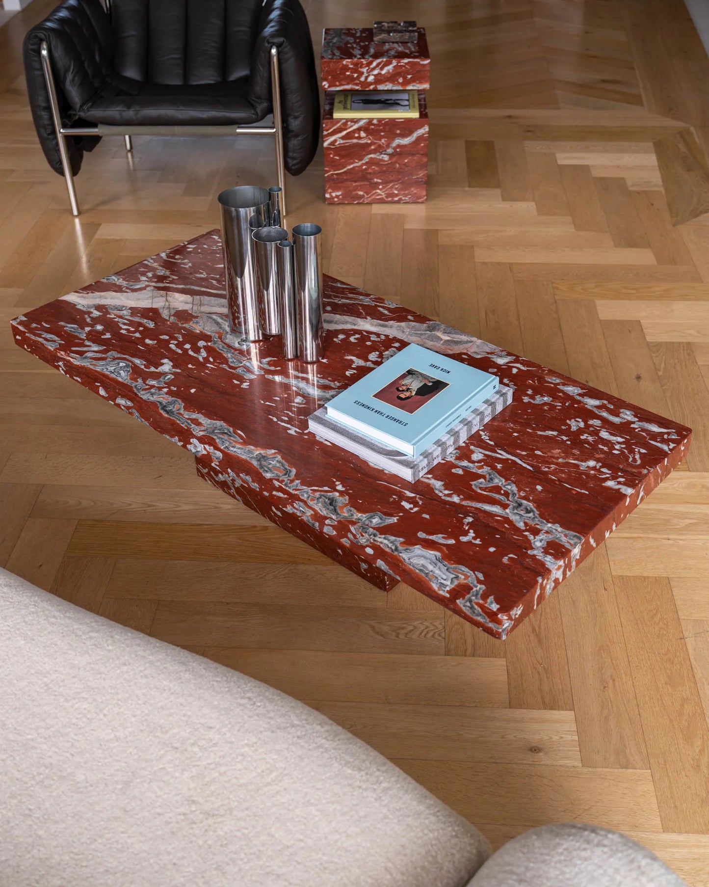 Rosso Francia Red Marble Coffee Table - Monolithic Pedestal Design - Architectural Natural Stone Furniture | LuxuryMarbleHome