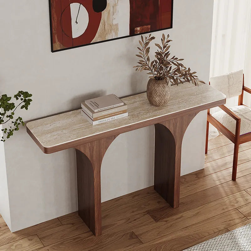 The Archway: Travertine Sintered Stone & Walnut Console - Architectural Natural Stone Furniture | LuxuryMarbleHome