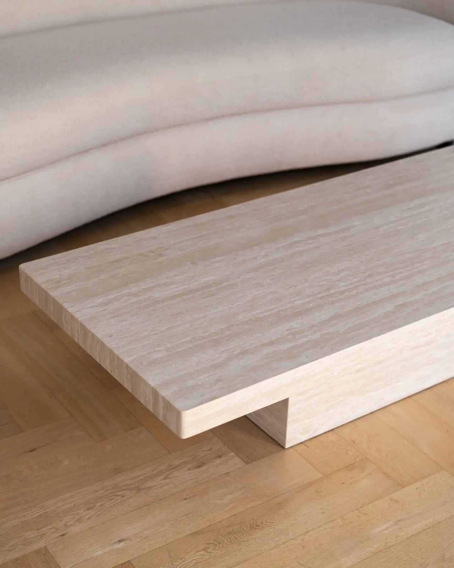 Rectangle Cream Travertine Coffee Table - Minimalist Monolithic Pedestal Design - Architectural Natural Stone Furniture | LuxuryMarbleHome