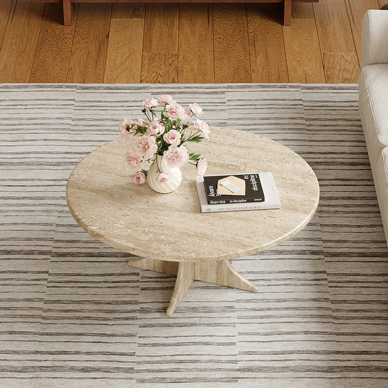 Artisan Round Natural Travertine Coffee Table - Sculptural Pedestal Monolith