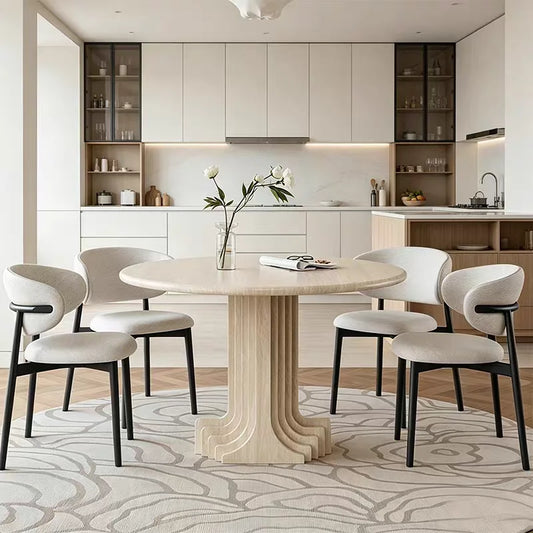 The Elysée Round: French-Style Fluted Natural Travertine Dining Table - Natural Travertine Stone Furniture - Monolithic Design - One Stone One Picture - Luxury Marble Home (View 1)