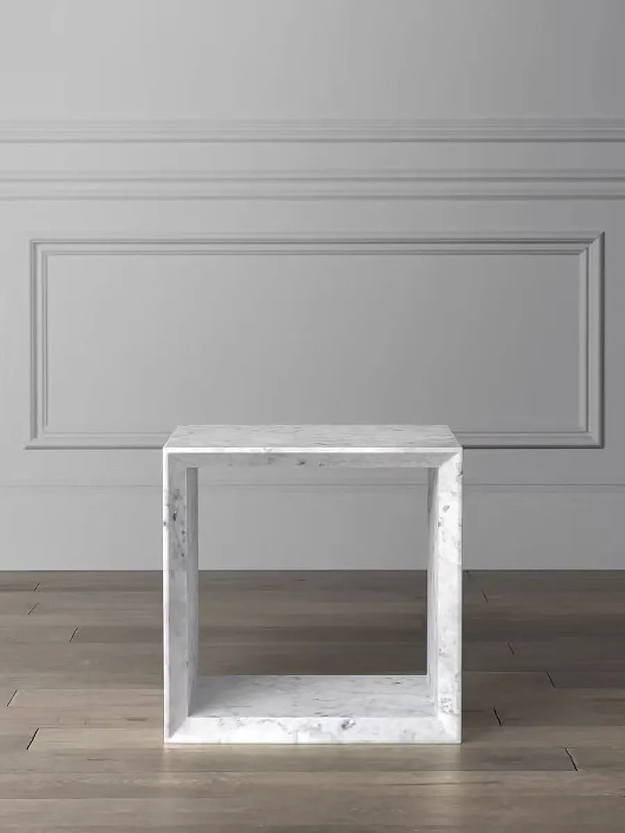 The Geometric Monolith: Arabescato Marble Hollow Cube Side Table
