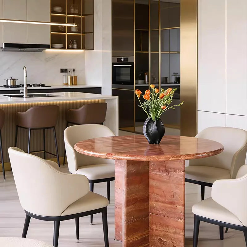 The Ruby Meridian: Natural Red Travertine Cross-Base Dining Table - Natural Travertine Stone Furniture - Monolithic Design - One Stone One Picture - Luxury Marble Home (View 5)