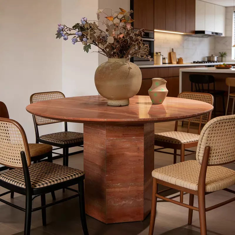The Ruby Hexagon: Natural Red Travertine Round Dining Table - Natural Travertine Stone Furniture - Monolithic Design - One Stone One Picture - Luxury Marble Home (View 3)
