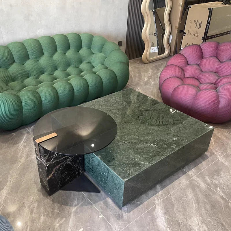 The Emerald Monolith: Indian Green Marble & Smoked Glass Coffee Table Set