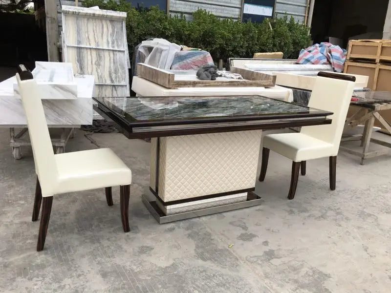 The Quilted Sovereign: Natural Marble & Eco-Leather Monolith Dining Table