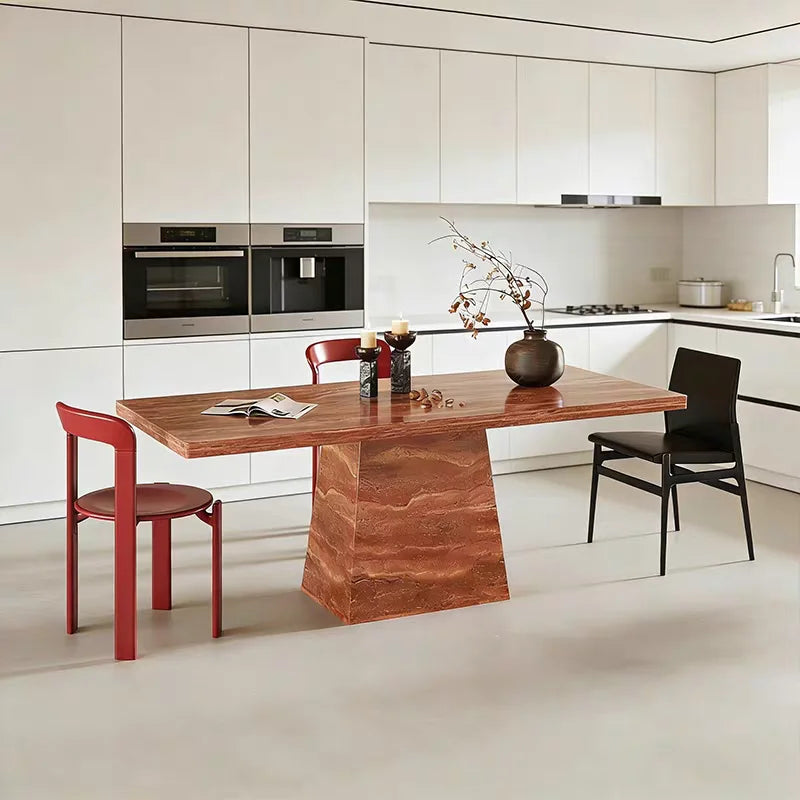 The Ruby Monolith: Rectangular Red Travertine Dining Table - Natural Travertine Stone Furniture - Monolithic Design - One Stone One Picture - Luxury Marble Home (View 4)
