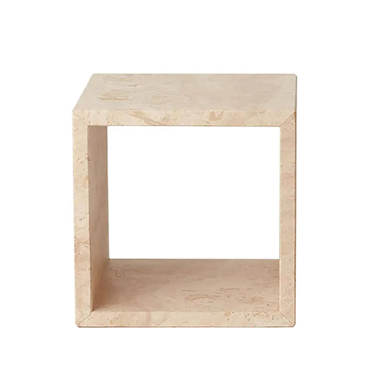 The Geometric Monolith: Roman Travertine Hollow Cube Side Table