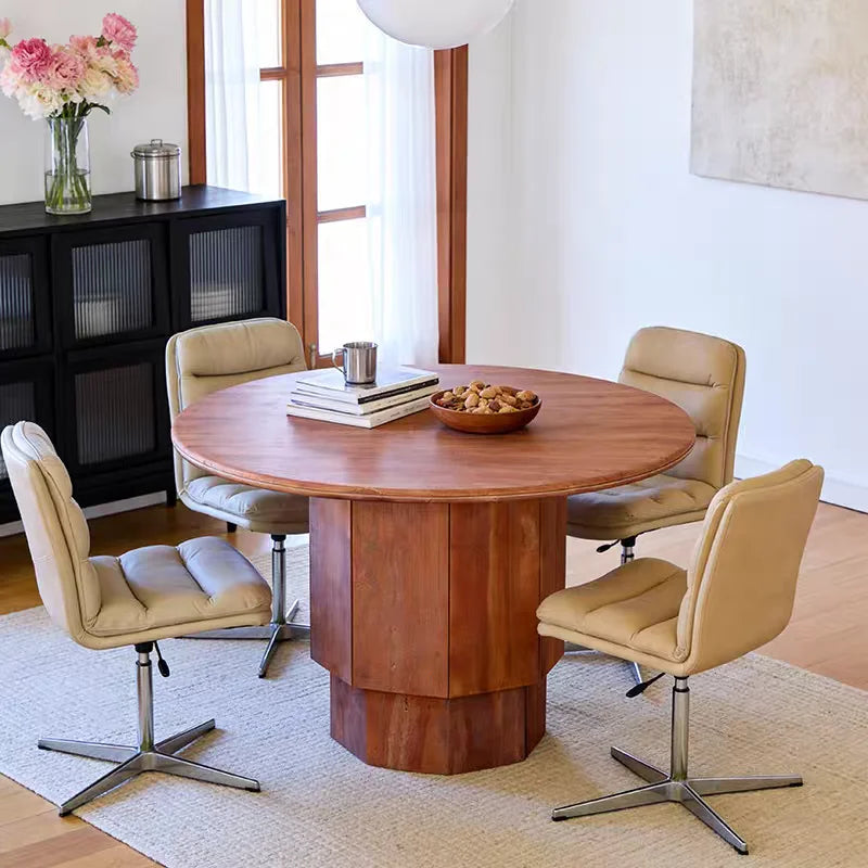 The Crimson Monolith: Imported Natural Red Travertine Round Dining Table - Natural Travertine Stone Furniture - Monolithic Design - One Stone One Picture - Luxury Marble Home (View 3)
