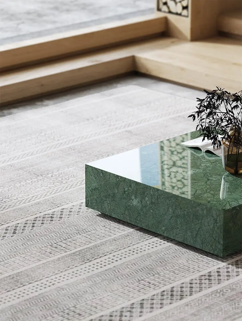 The Emerald Monolith: Indian Green Marble & Smoked Glass Coffee Table Set