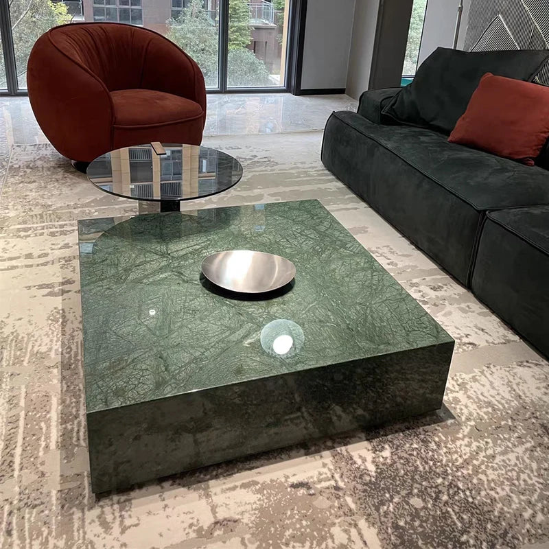 The Emerald Monolith: Indian Green Marble & Smoked Glass Coffee Table Set