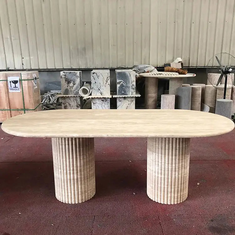 Architectural Fluted Travertine Oval Dining Table - Monolithic Stone Collection