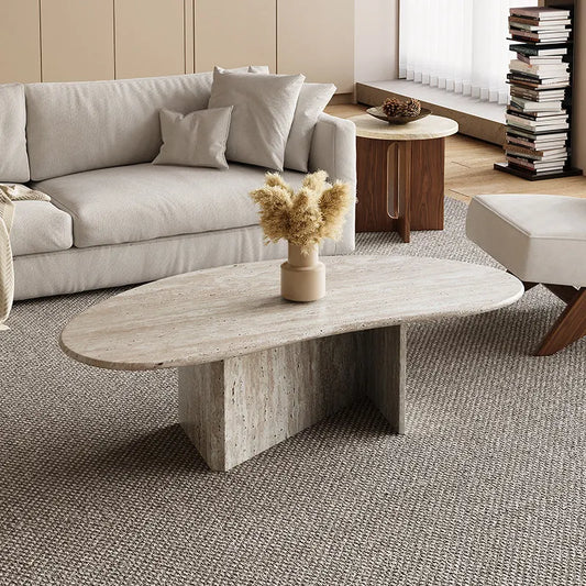 Classic Oval Travertine Coffee Table - Sculptural V-Pedestal Base