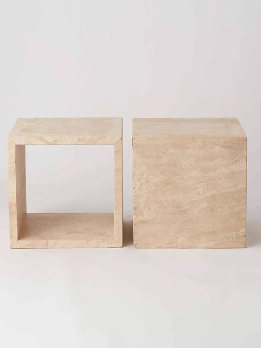 The Geometric Monolith: Roman Travertine Hollow Cube Side Table