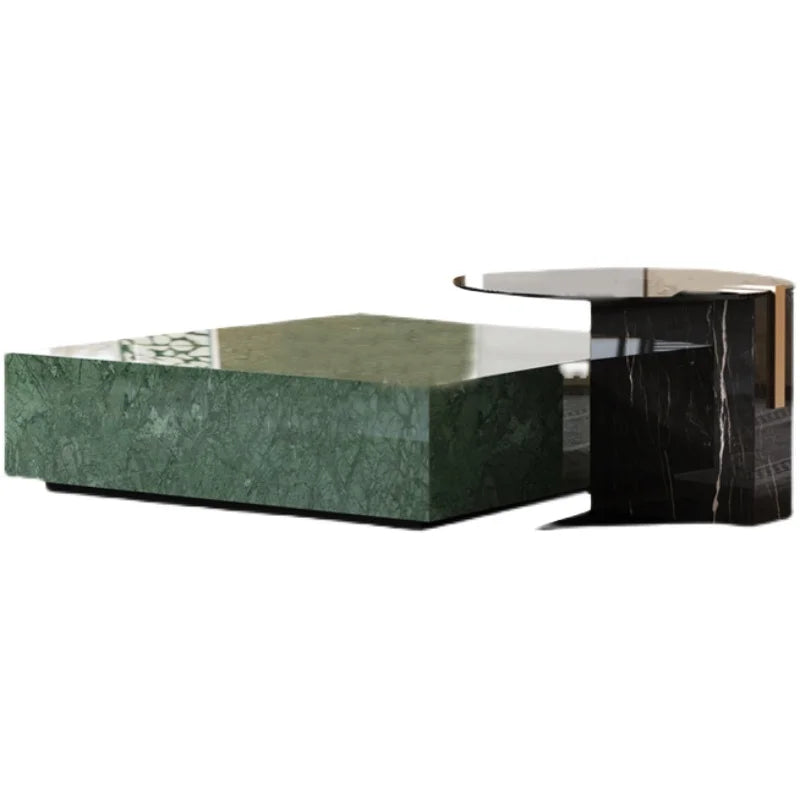 The Emerald Monolith: Indian Green Marble & Smoked Glass Coffee Table Set