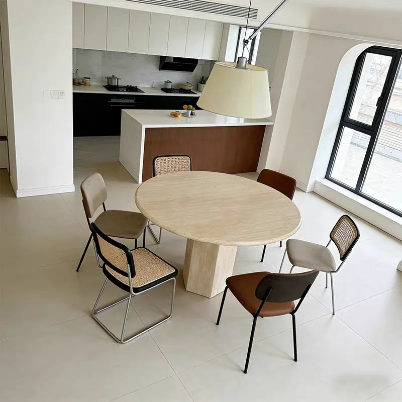 The Hexagon Pillar: Natural Travertine Monolithic Round Dining Table