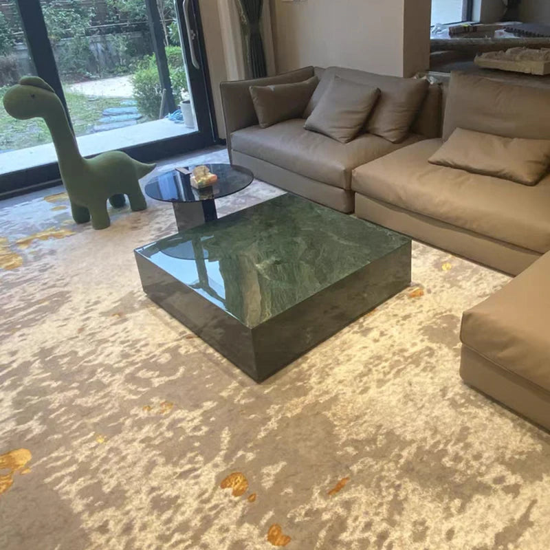 The Emerald Monolith: Indian Green Marble & Smoked Glass Coffee Table Set