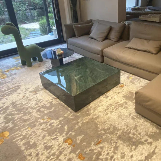 The Emerald Monolith: Indian Green Marble & Smoked Glass Coffee Table Set