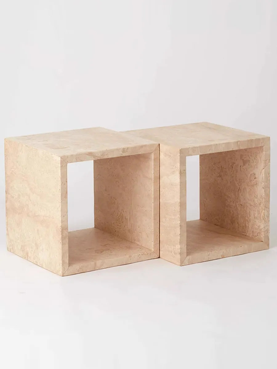 The Geometric Monolith: Roman Travertine Hollow Cube Side Table