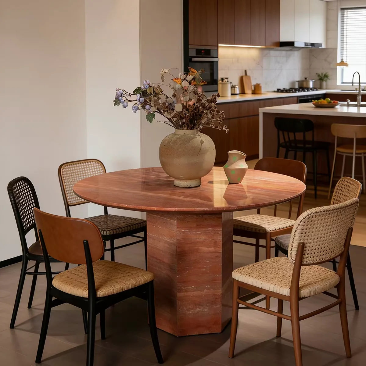 The Ruby Hexagon: Natural Red Travertine Round Dining Table - Natural Travertine Stone Furniture - Monolithic Design - One Stone One Picture - Luxury Marble Home (View 1)