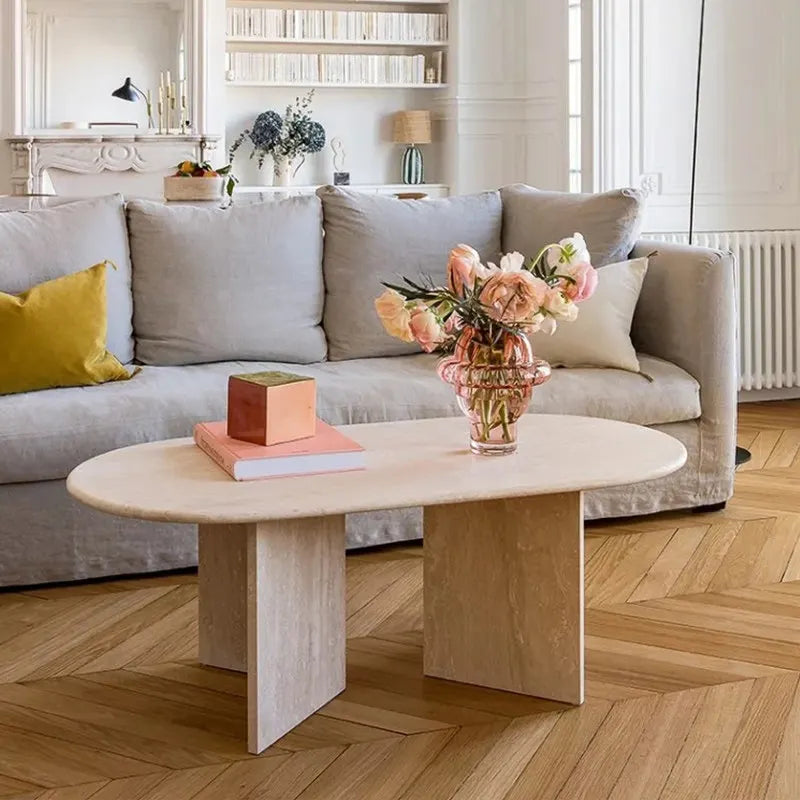 Classic Oval Travertine Coffee Table - Interlocking Architectural Pedestal
