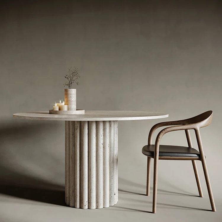 Architectural Fluted White Travertine Oval Dining Table - Monolithic Stone Collection