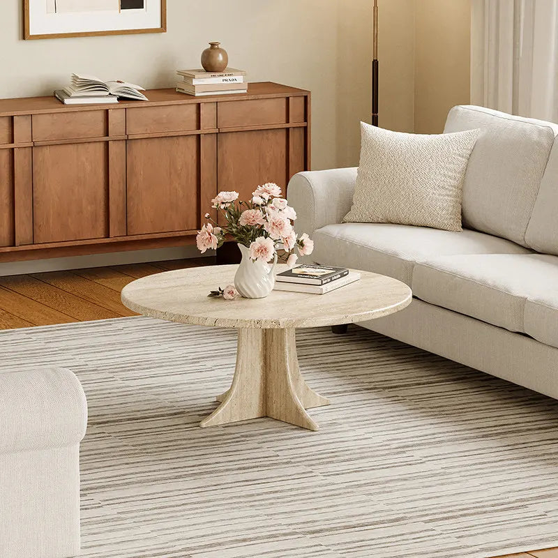 Artisan Round Natural Travertine Coffee Table - Sculptural Pedestal Monolith