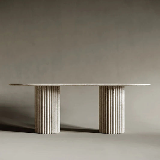Architectural Fluted White Travertine Oval Dining Table - Monolithic Stone Collection