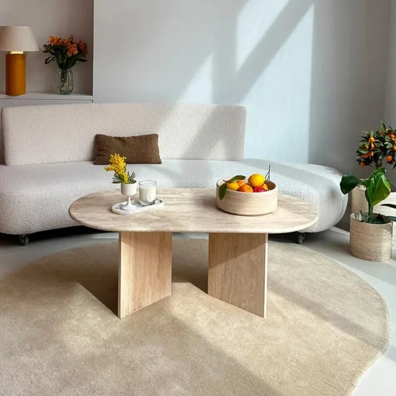 Classic Oval Travertine Coffee Table - Interlocking Architectural Pedestal