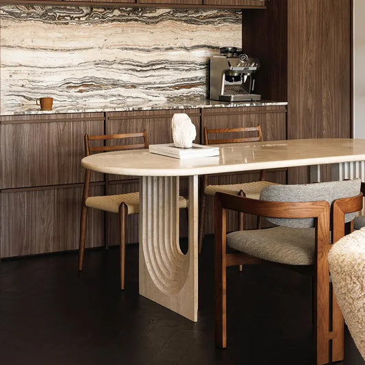 The Arch Monolith: Sculptural White Travertine Oval Dining Table