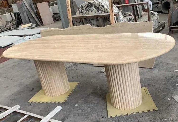 Architectural Fluted Travertine Oval Dining Table - Monolithic Stone Collection