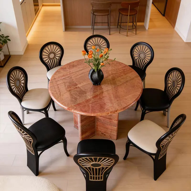 The Ruby Meridian: Natural Red Travertine Cross-Base Dining Table - Natural Travertine Stone Furniture - Monolithic Design - One Stone One Picture - Luxury Marble Home (View 3)