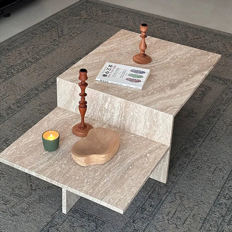 Classic Stepped Travertine Coffee Table - Dual-Level Architectural Block