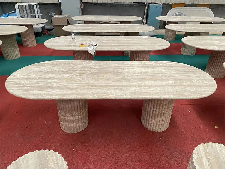 Architectural Fluted Travertine Oval Dining Table - Monolithic Stone Collection