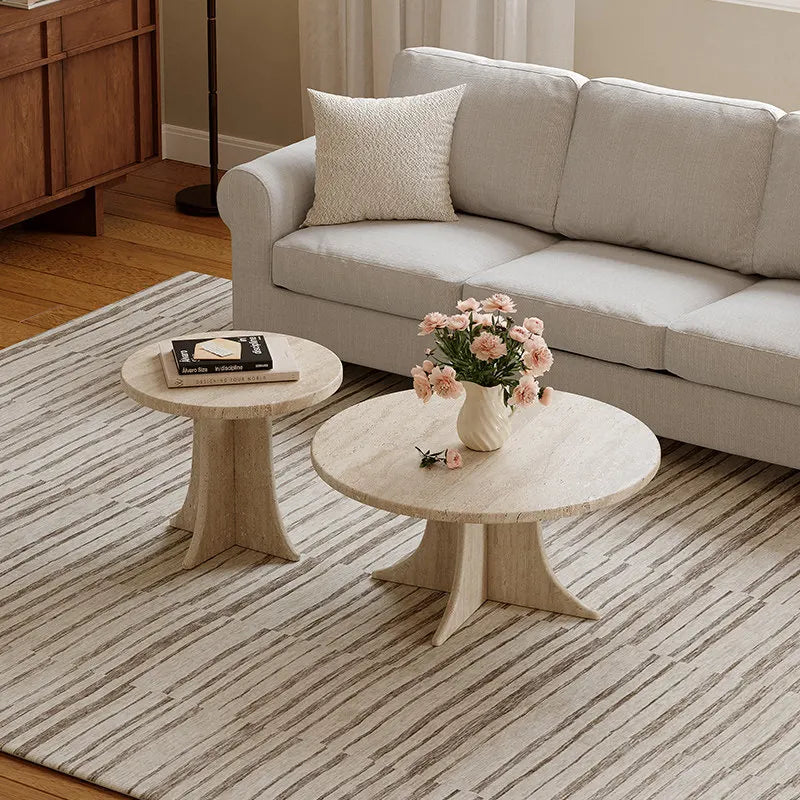 Artisan Round Natural Travertine Coffee Table - Sculptural Pedestal Monolith