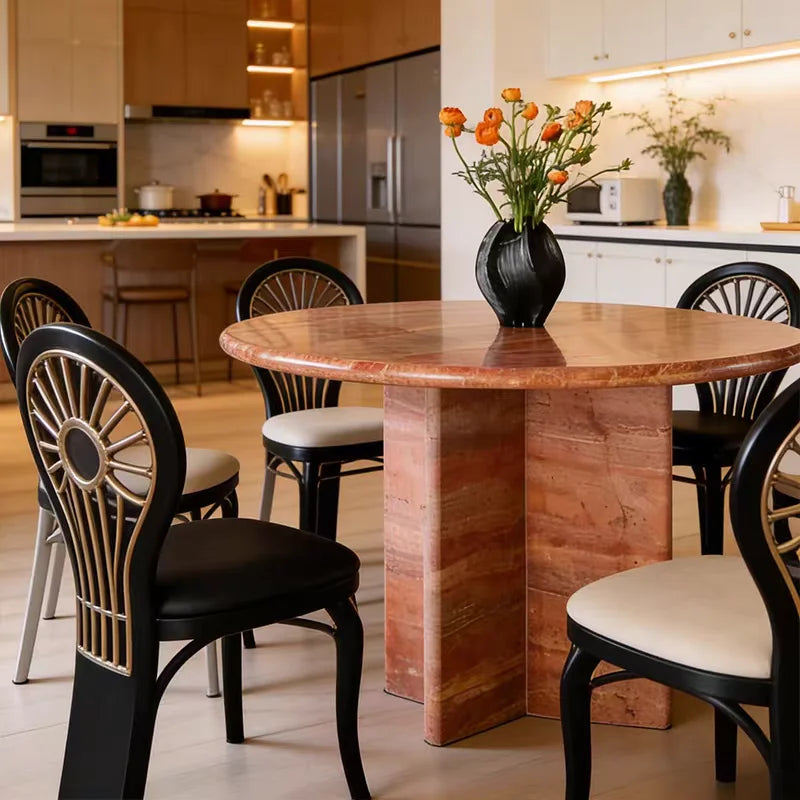 The Ruby Meridian: Natural Red Travertine Cross-Base Dining Table - Natural Travertine Stone Furniture - Monolithic Design - One Stone One Picture - Luxury Marble Home (View 4)
