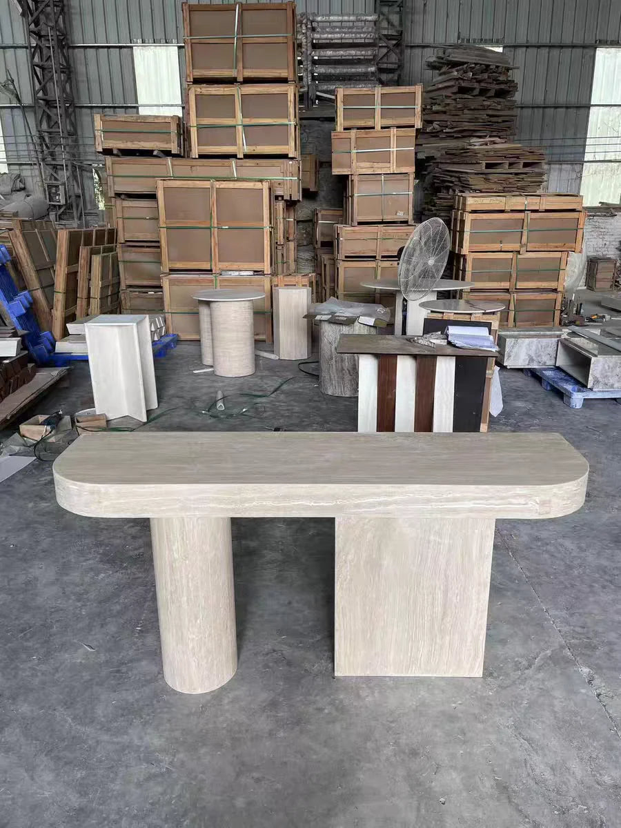 The Asymmetric Monolith: Architectural Travertine Console Table