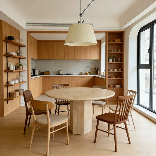 The Hexagon Pillar: Natural Travertine Monolithic Round Dining Table