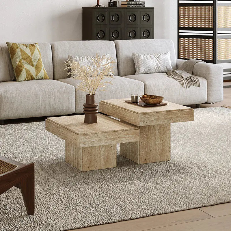 Classic Plinth Travertine Coffee Table - Monolithic Nesting Block