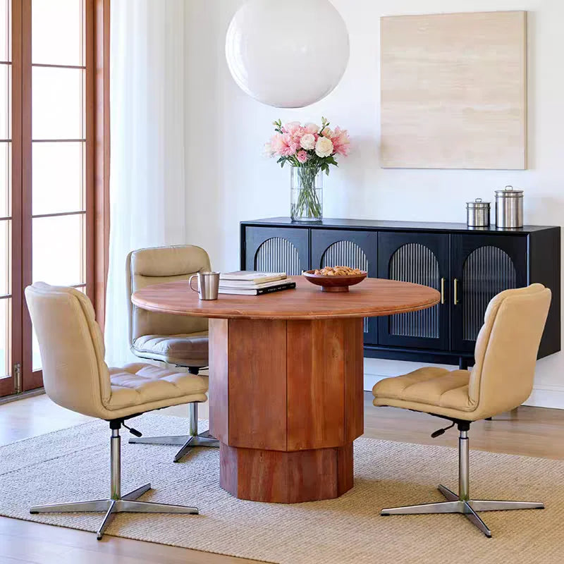 The Crimson Monolith: Imported Natural Red Travertine Round Dining Table - Natural Travertine Stone Furniture - Monolithic Design - One Stone One Picture - Luxury Marble Home (View 1)